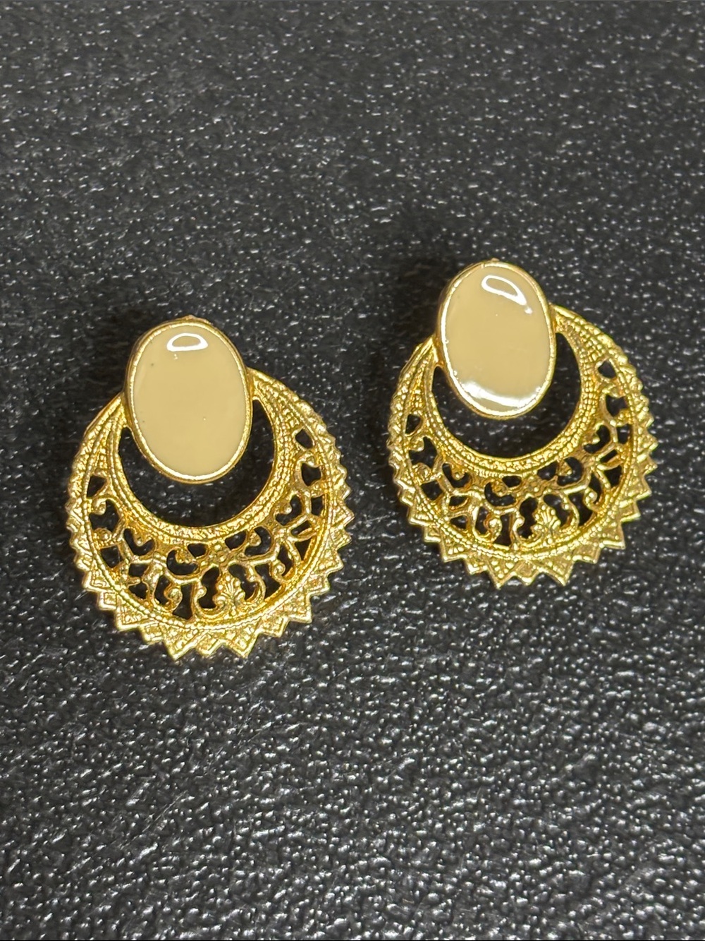 Elegant Gold Filigree Drop Earrings Cream Enamel Oval Accent